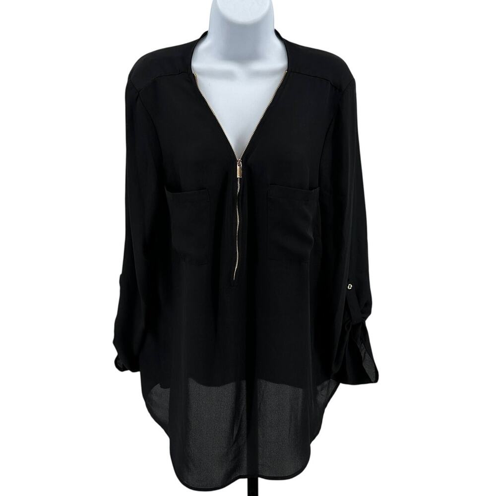 Zac & Rachel Dress Top WMNS XL Black Chiffon Roll Tab Sleeve Zip Up V-Neck